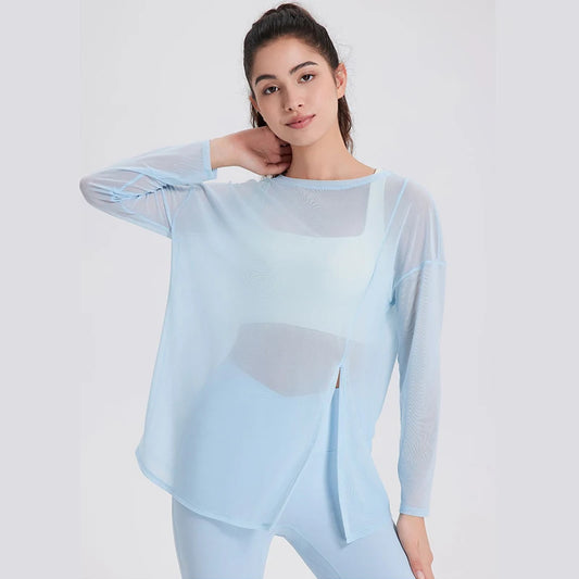 Long Sleeve Yoga Shirt Women Sexy Mesh Breathable Outdoor Running Blouse Solid Color Loose Gym Top Female Workout Clothes