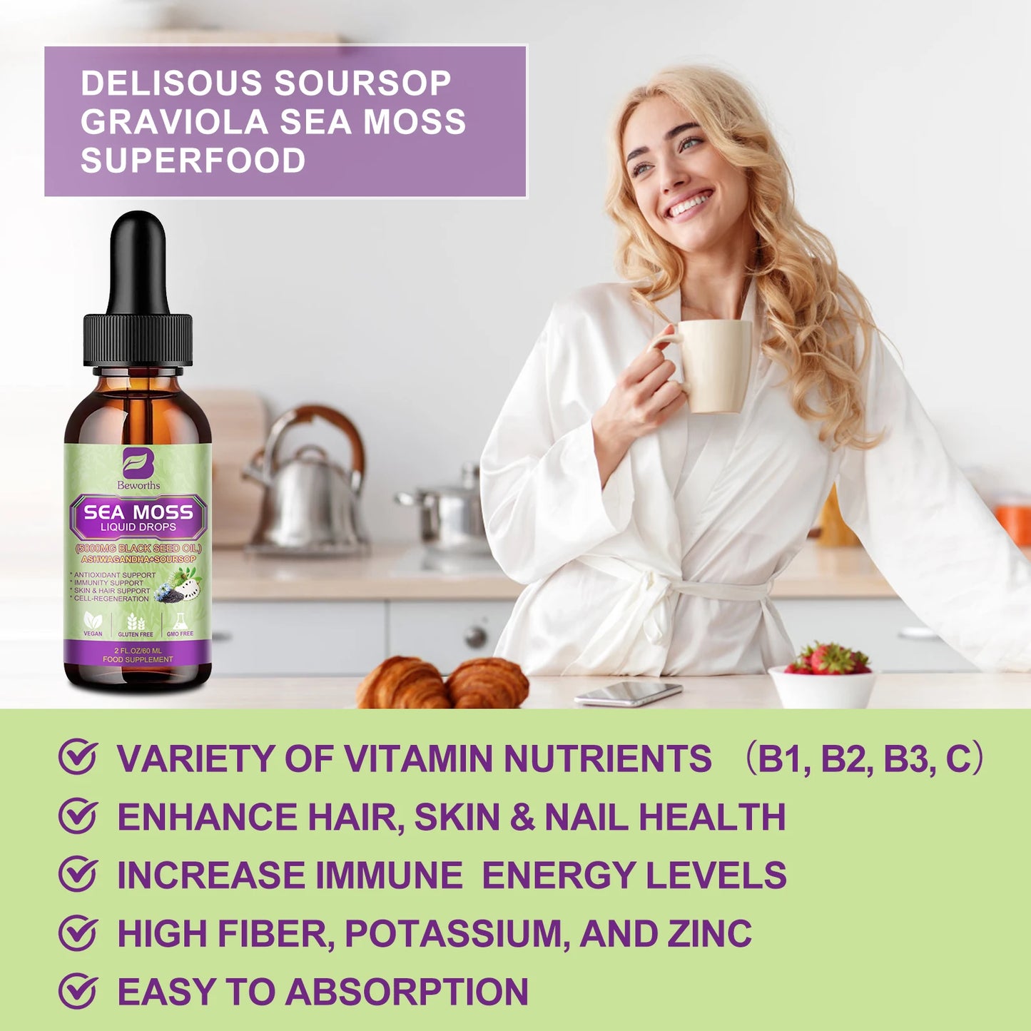 BEWORTHS Sea MOSS & Soursop Graviola Extract Drops Support Immunity and Kidney Health, Promote Digestion and Antioxidation