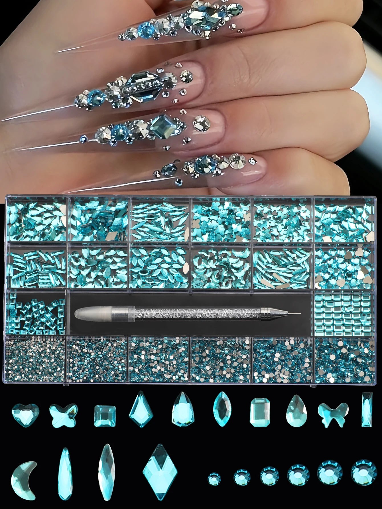 21 grid nail art diamond flat bottom glass diamond multi-style special-shaped diamond shiny nail rhinestone DIY nail art jewelry