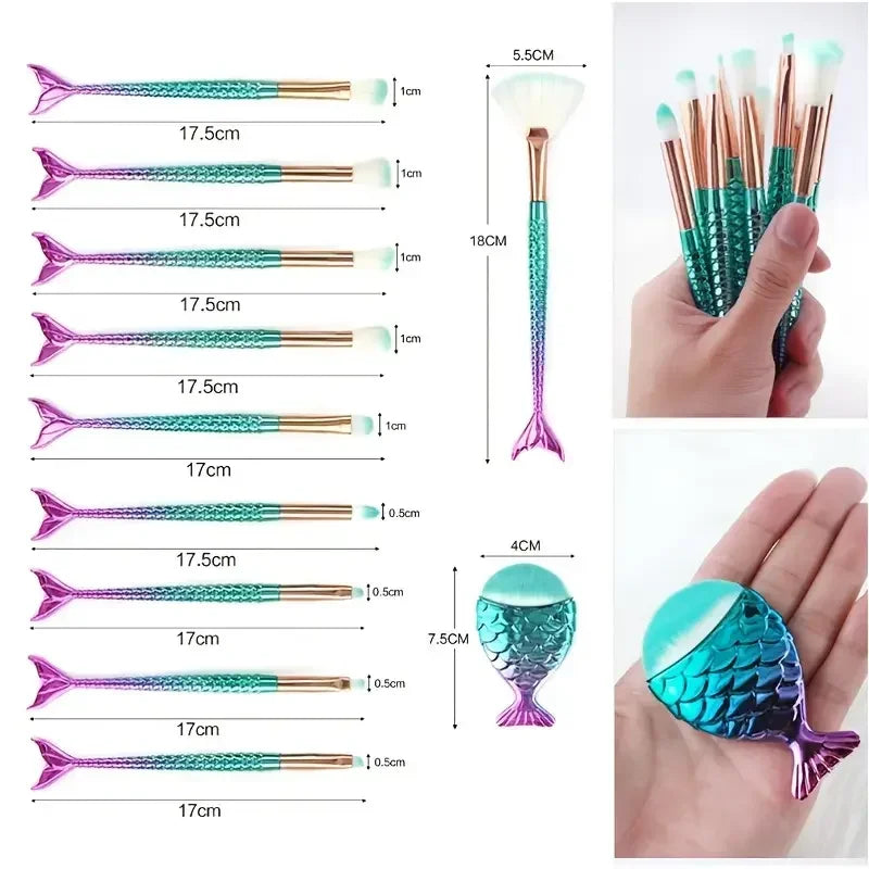 Mermaid Makeup Brush Sets Soft Nylon Bristles Foundation Powder Eyebrow Eye Shadow Eyeliner Blush Beauty Brushes