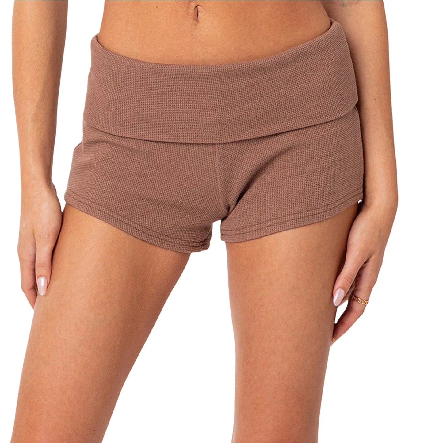 Summer Slim Yoga Shorts Women Casual Solid Color Fold Over Low Waist Lounge Shorts