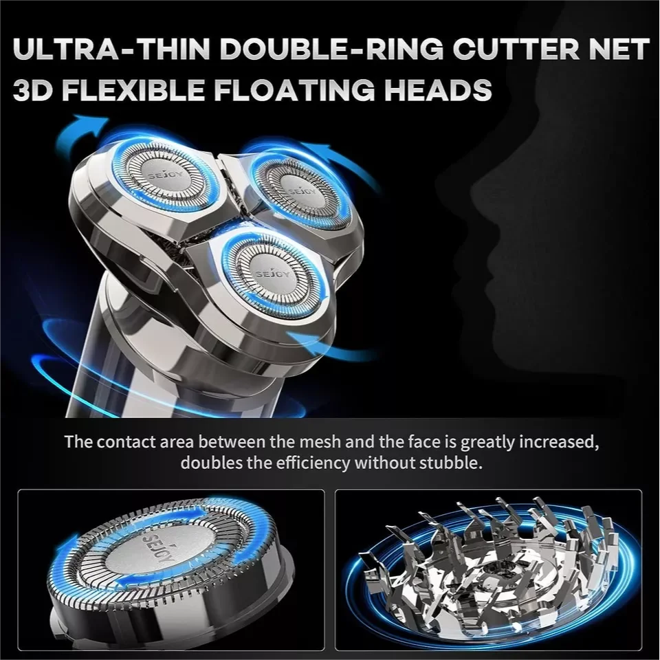 SEJOY Anti-Pinch Electric Shaver Beard Trimmer 3D Rotary Razor Electric Razor for Men Waterproof