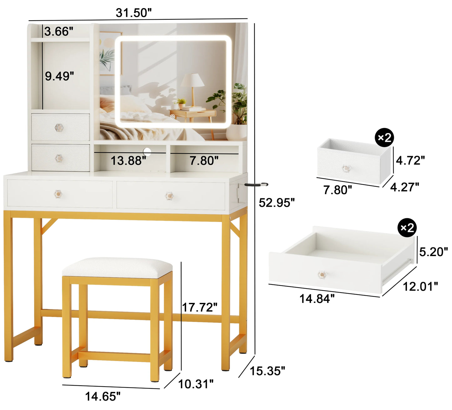 Satifur Vanity Desk with LED Lights Mirror and Power Outlets, Small Makeup Vanity Desk Stool Set with 4 Drawers, Dressing Table