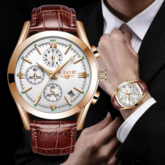 LIGE Men Watch Top Brand Luxury Waterproof Luminous Sport Wristwatch Quartz Military Genuine Leather Relogios Masculino+Box