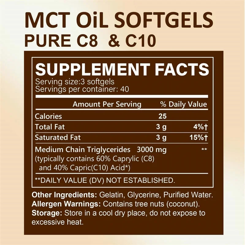 MCT Oil Softgels - Supports Energy and Mental Clarity, Fat Burning, Appetite Suppressant, Improves Digestion - 120 Capsules