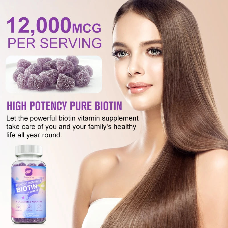BEWORTHS Collagen Biotin Gummies Biotin for Hair Growth Strengthen Hair Roots & Nails Prevente Hair Loss Skin Care Beauty Health