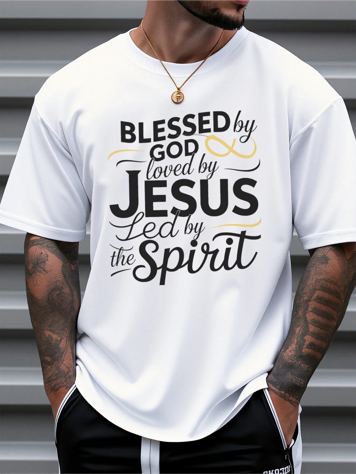 Men's Religious Faith T Shirt Blessed by God Loved by Jesus LED by the Spirit Inspirational Print
