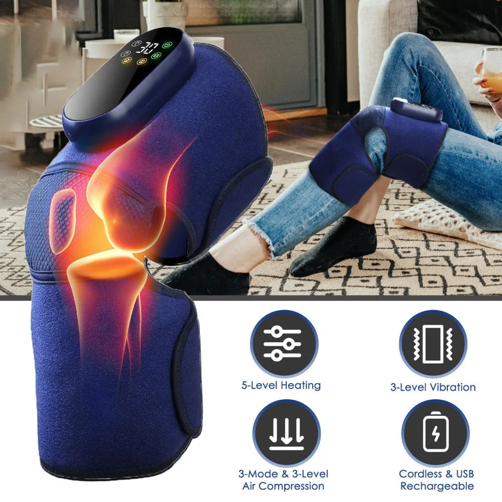 Cordless Knee Massager Heated Knee Brace Wrap Electric Knee Heating Pad with 5-Level Heating 3-Level Vibration 3-Mode & 3-Level