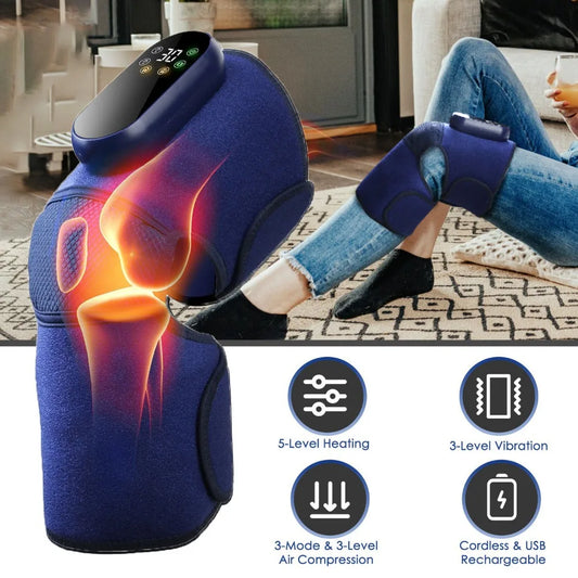 Cordless Knee Massager Heated Knee Brace Wrap Electric Knee Heating Pad with 5-Level Heating 3-Level Vibration 3-Mode & 3-Level