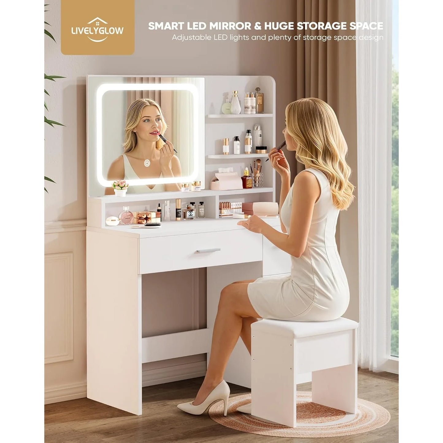 Makeup Vanity Desk, White, 35.4'Wx15.7'Dx53.9'H (Samrt LED Mirror, Open Shelves, with Cushion Stool, 4 Drawers, Hairdryer Rack,