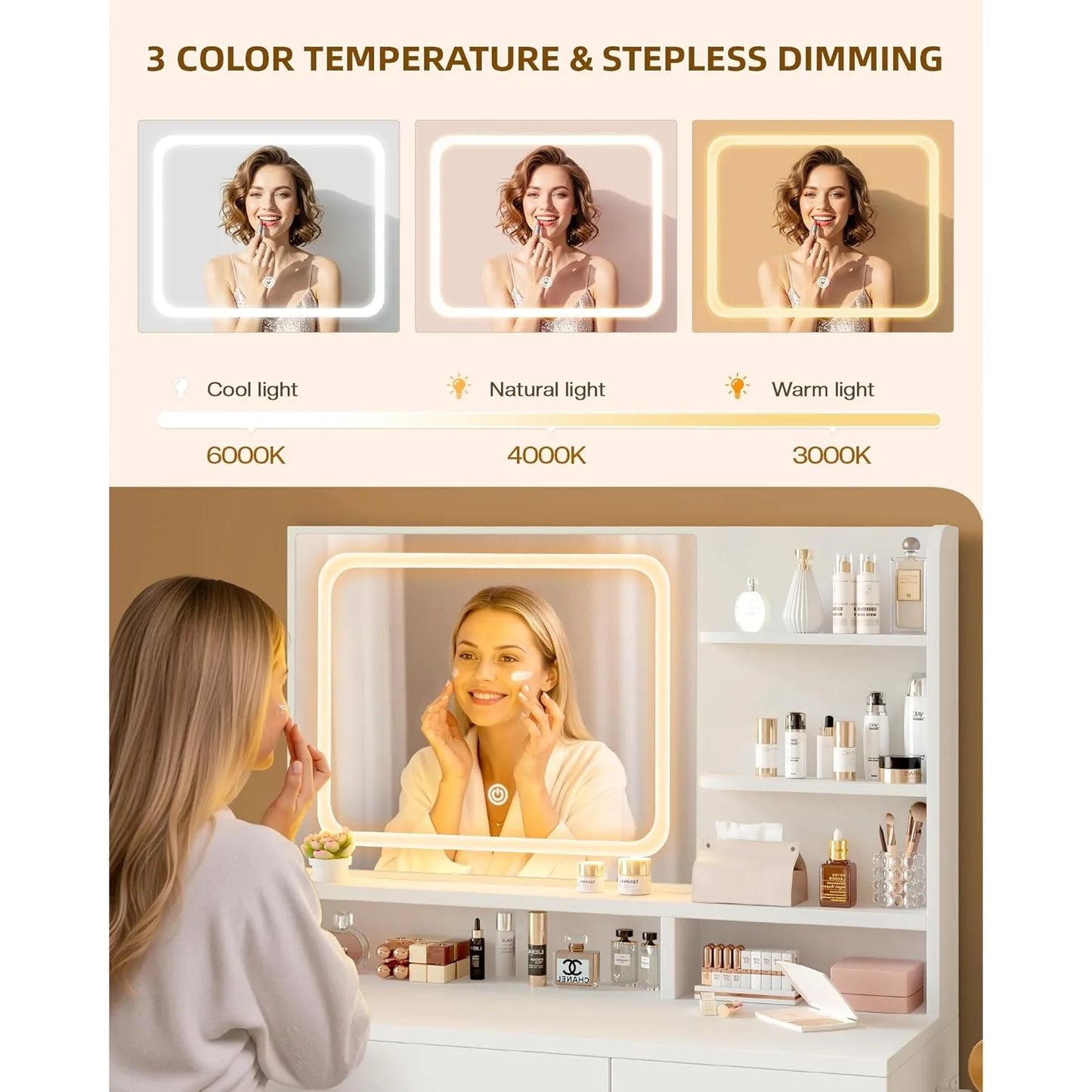 Makeup Vanity Desk, White, 35.4'Wx15.7'Dx53.9'H (Samrt LED Mirror, Open Shelves, with Cushion Stool, 4 Drawers, Hairdryer Rack,