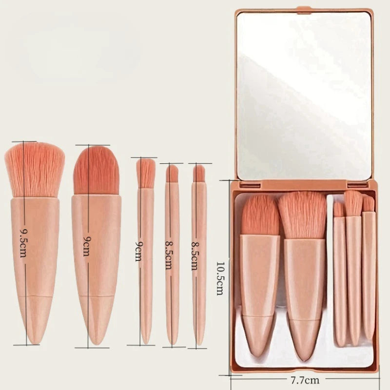 5pcs Beauty Travel Size Makeup Brushes Set Mini Small Complete Function Cosmetic Brushes Kit Case Mirror Foundation Brush