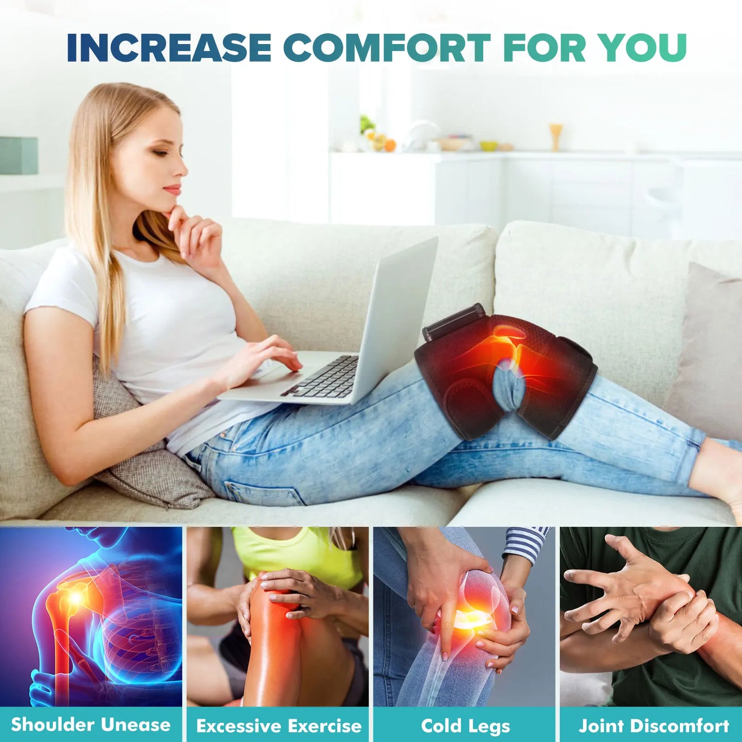 Rechargeable Electric Knee Massager 3-in1 Heated Vibration Pad for Joint Pain Relief Elbow Shoulder Arthritis Support Belt