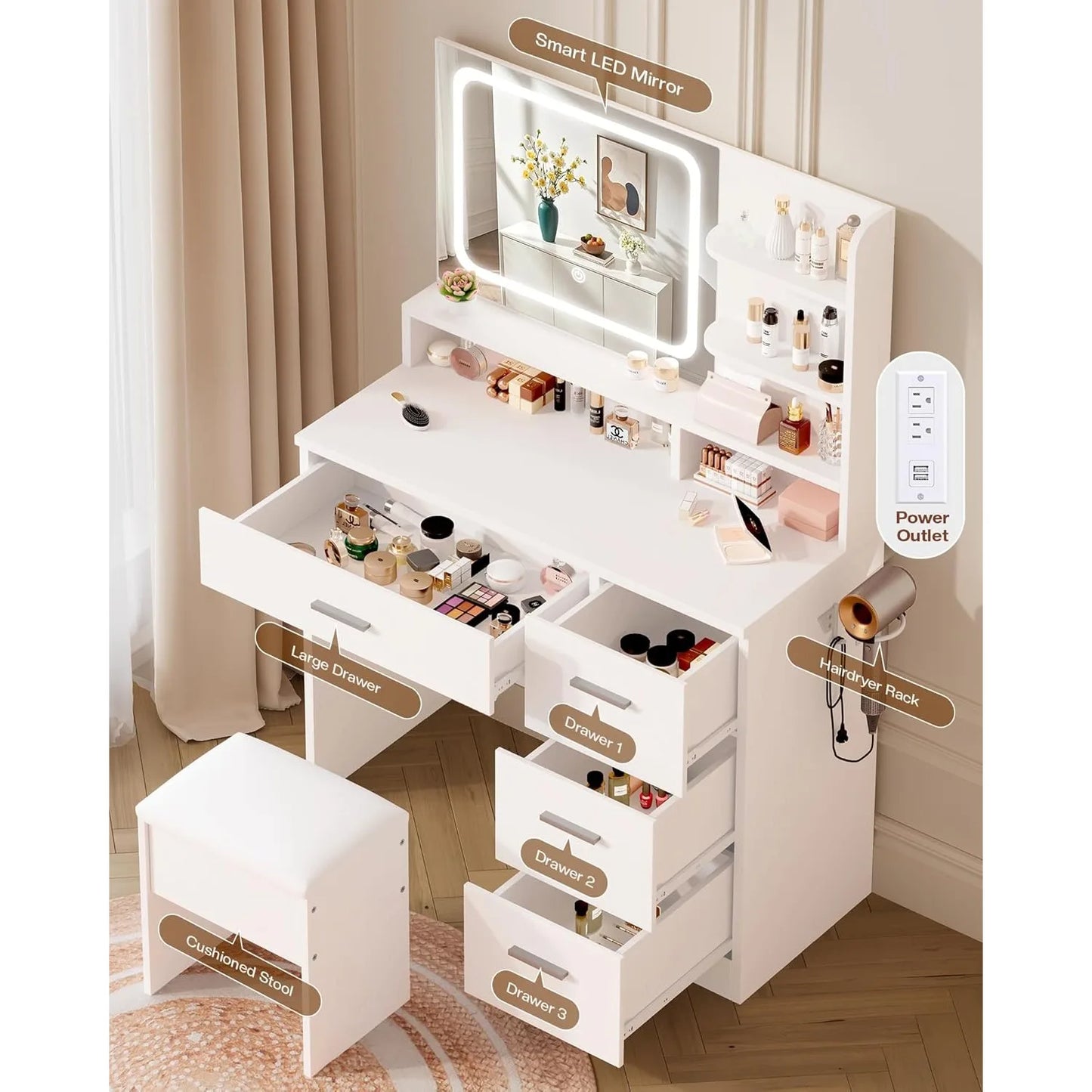Makeup Vanity Desk, White, 35.4'Wx15.7'Dx53.9'H (Samrt LED Mirror, Open Shelves, with Cushion Stool, 4 Drawers, Hairdryer Rack,