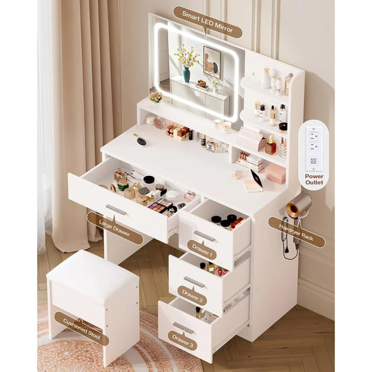 Makeup Vanity Desk, White, 35.4'Wx15.7'Dx53.9'H (Samrt LED Mirror, Open Shelves, with Cushion Stool, 4 Drawers, Hairdryer Rack,