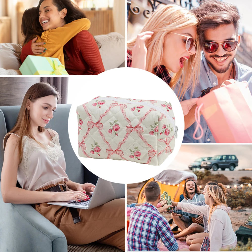 Cute Bow Floral Makeup Bag Cotton Quilted Cosmetic Bag with Zipper Travel Makeup Pouch Large Toiletry Bag for Women