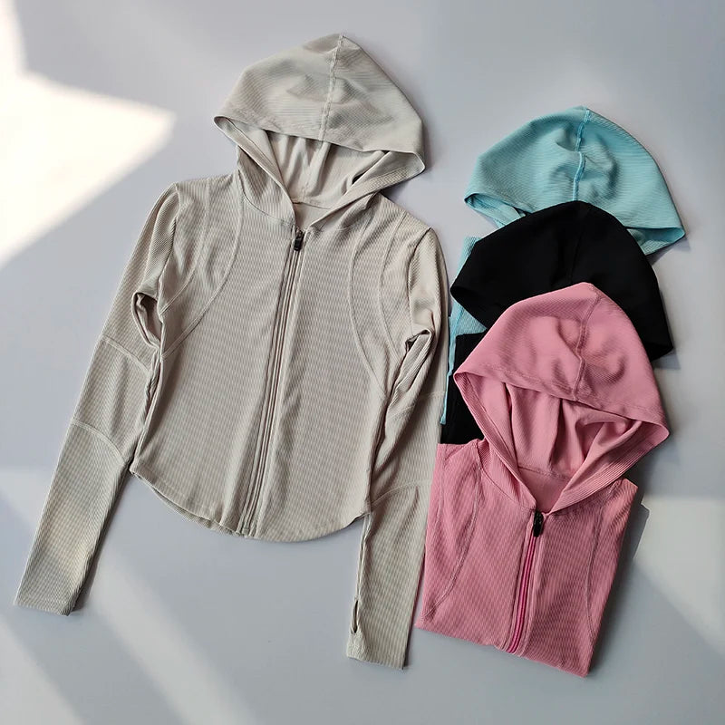 Women's Hooded Yoga Jacket Long Sleeve Sport Coat for Running Gym Leisure Wear Workout Clothing