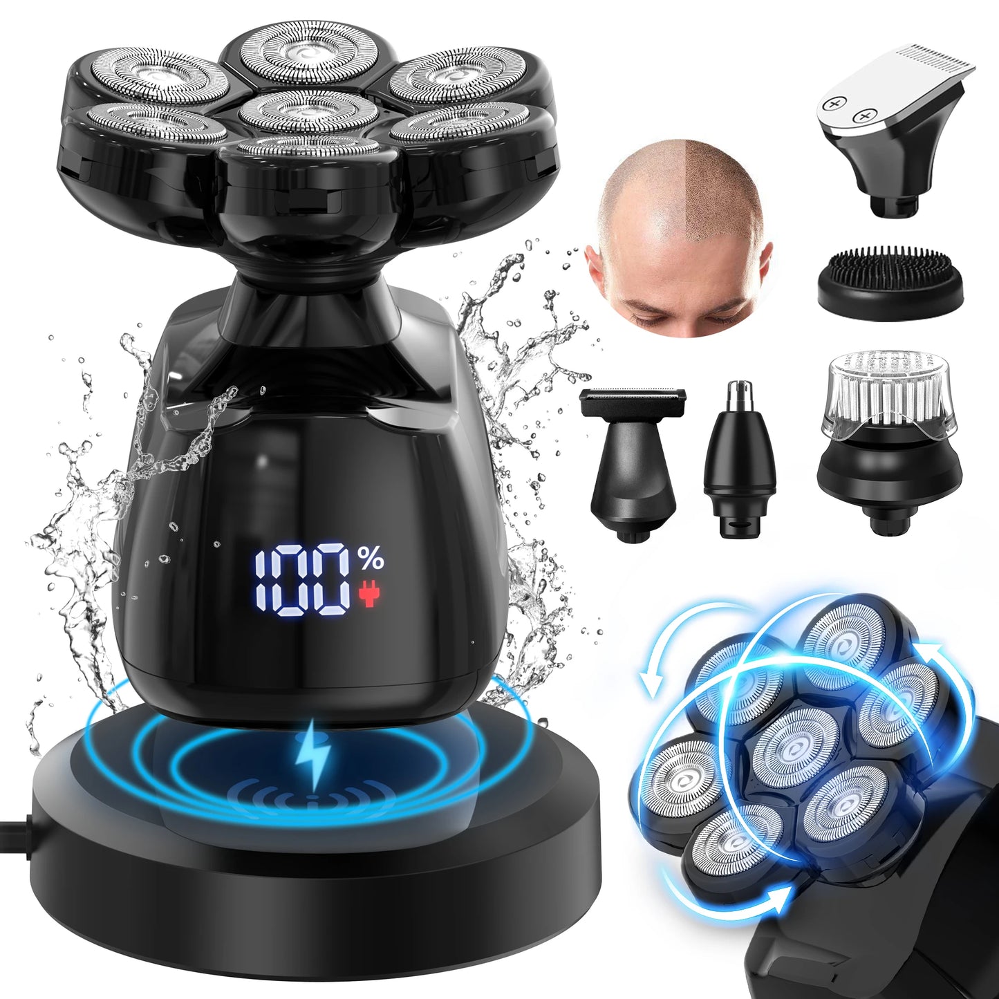 Electric Head Shaver for Bald Men 7D Magnetic Razor Hair Trimmer USB Rechargeable LED Display Waterproof Beard Shavers