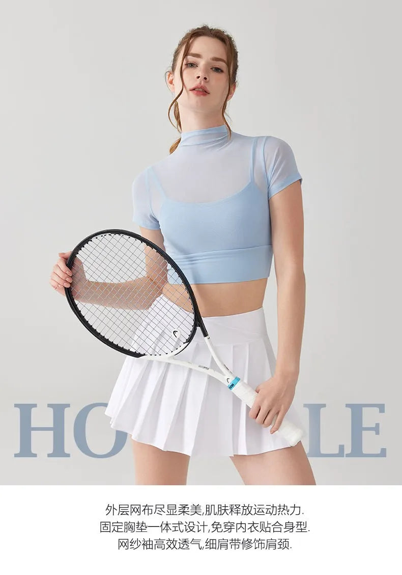 One-piece cup pads Sexy Mesh Yoga short-sleeved T-shirt Female Yoga Clothes Training Tights Pilates fitness Running Sports Shirt