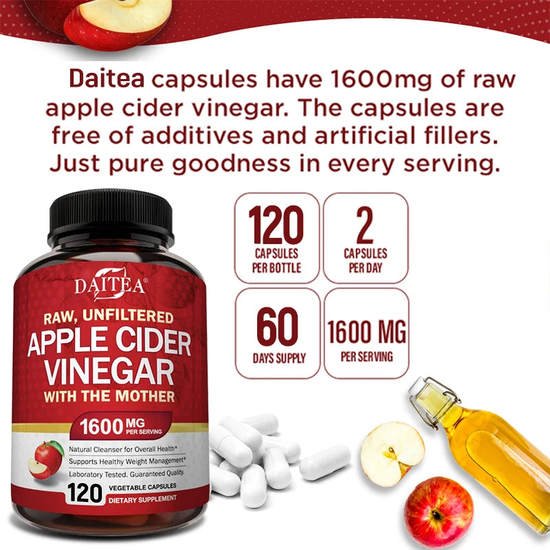 Raw Organic Apple Cider Vinegar - Gut Health, Digestion, Detox & Cleanse, Immune Supplement, Natural Vegetarian Capsules