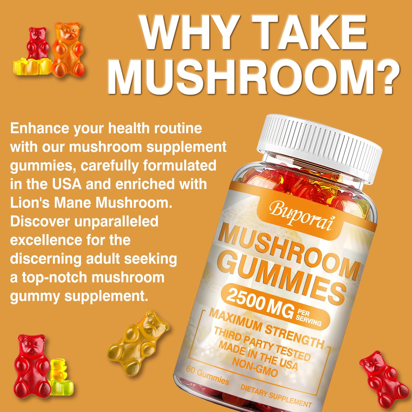 Mushroom Gummies - Brain Health, Enhances Memory and Concentration, Immune Support, Relieves Stress - 60 Gummies
