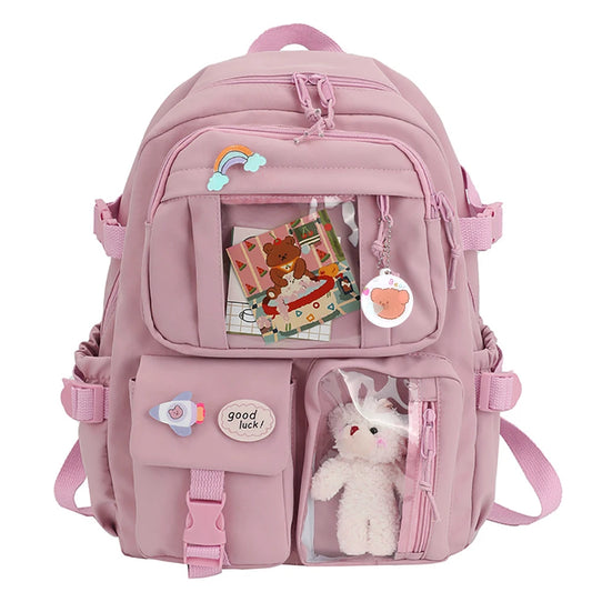 Sports Knapsack Fashion College Student Rucksack with Plush Pendant Pin Cute Kawaii Large Capacity Japanese Style for Teen Girls
