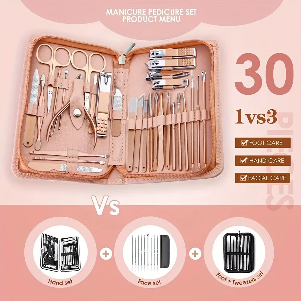 Pink 30 Pcs Manicure Set Professional Nail Clipper Set Stainless Steel Solid Manicure Kit Nail Care Kit With Pink Case Valentine