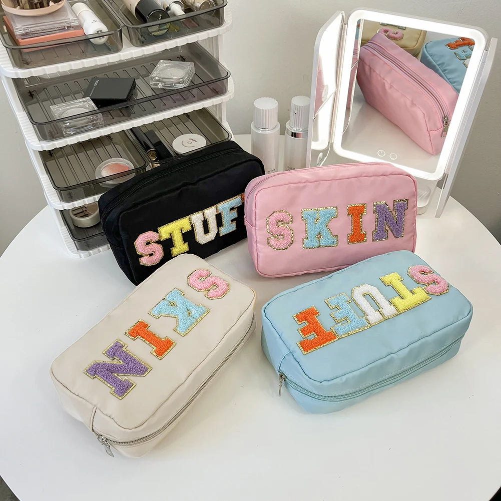 Casual Toiletry Bag Embroidery Letter Patch Travel Organizer Portable Zipper Female Cosmetic Bag Waterproof Nylon for Lady Girls