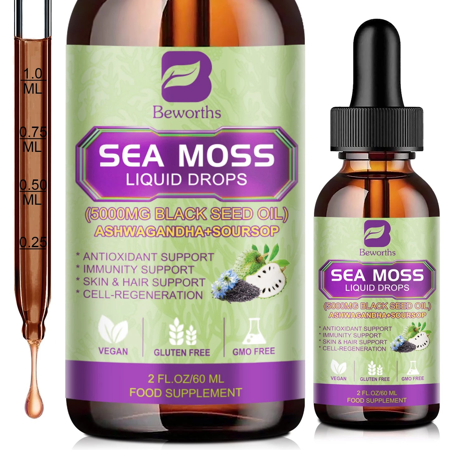 BEWORTHS Sea MOSS & Soursop Graviola Extract Drops Support Immunity and Kidney Health, Promote Digestion and Antioxidation