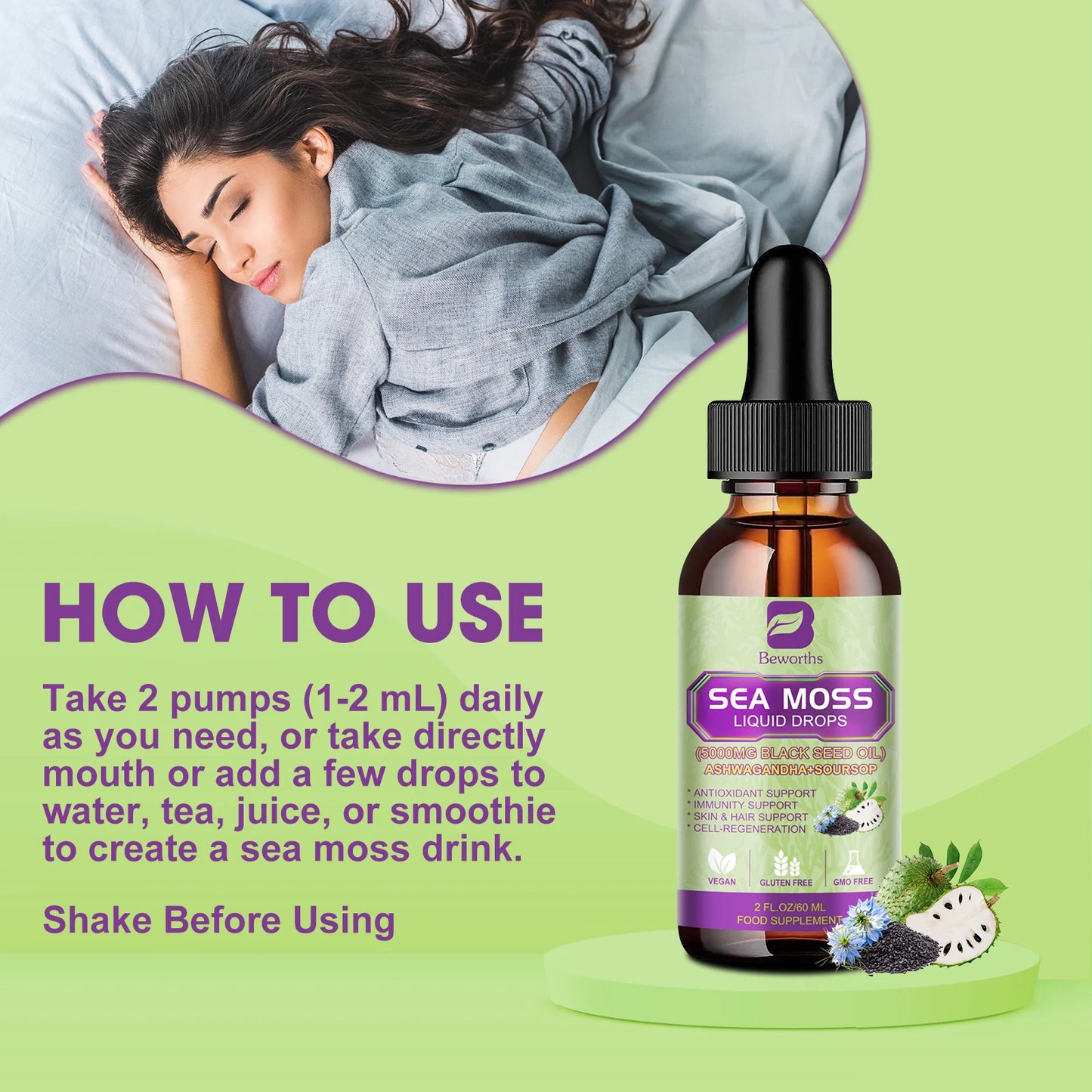 BEWORTHS Sea MOSS & Soursop Graviola Extract Drops Support Immunity and Kidney Health, Promote Digestion and Antioxidation
