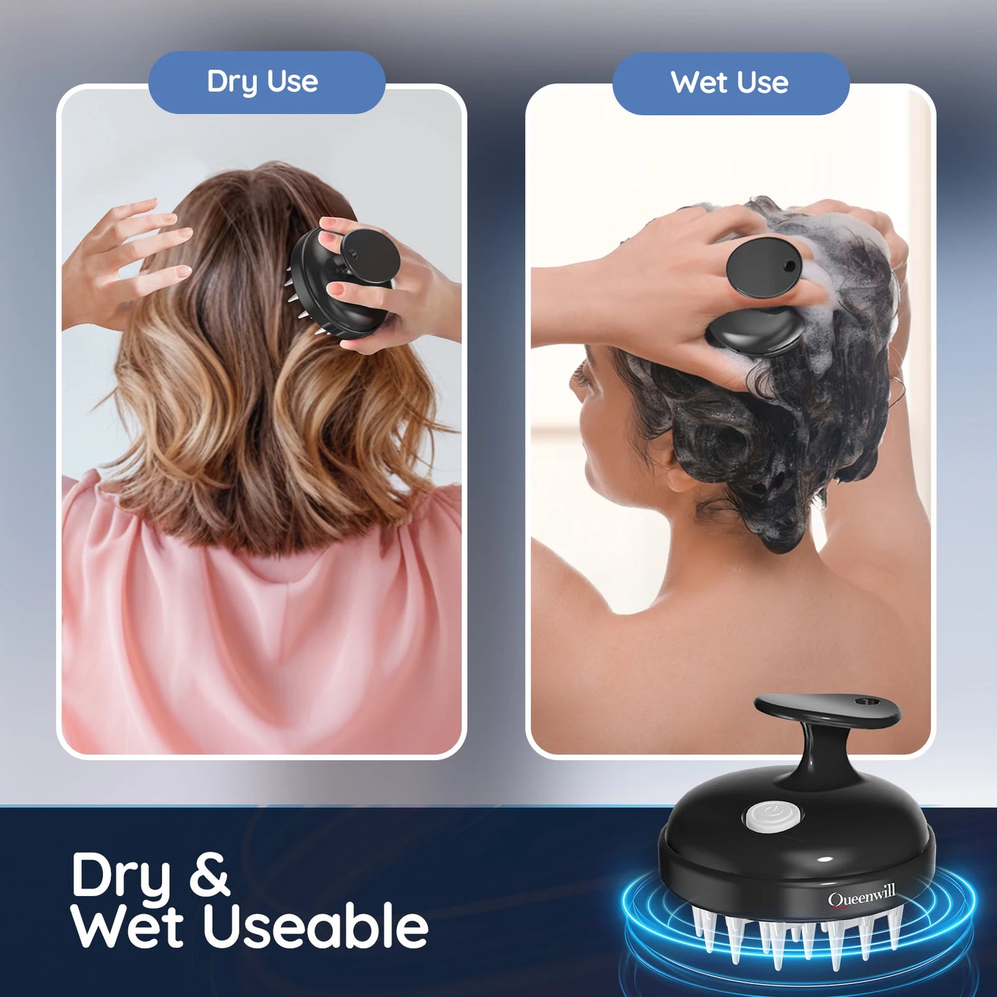 Electric handheld head massager Wireless Scalp cleaning massage silicone 2 modes vibration shampooing comb for Hair Growth BLack