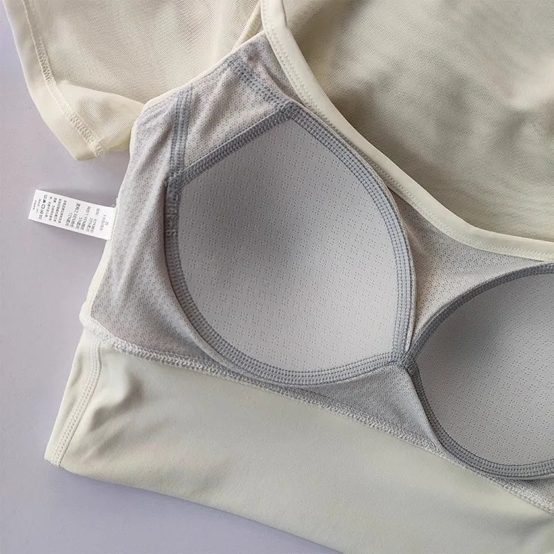 One-piece cup pads Sexy Mesh Yoga short-sleeved T-shirt Female Yoga Clothes Training Tights Pilates fitness Running Sports Shirt