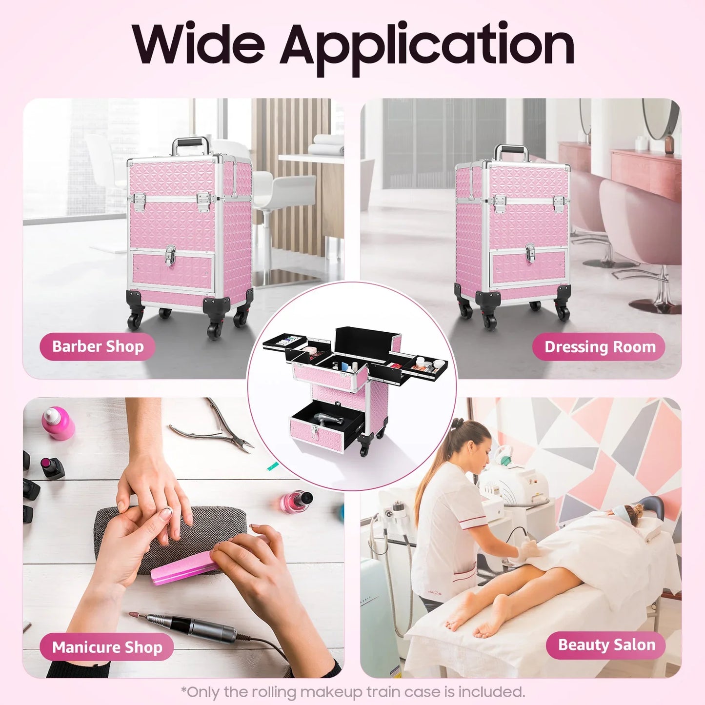 Rolling Makeup Train Case with Drawer and Nail Case for Manicure Storage, Ideal for Hair Stylists, Pet Groomers, Makeup Artists
