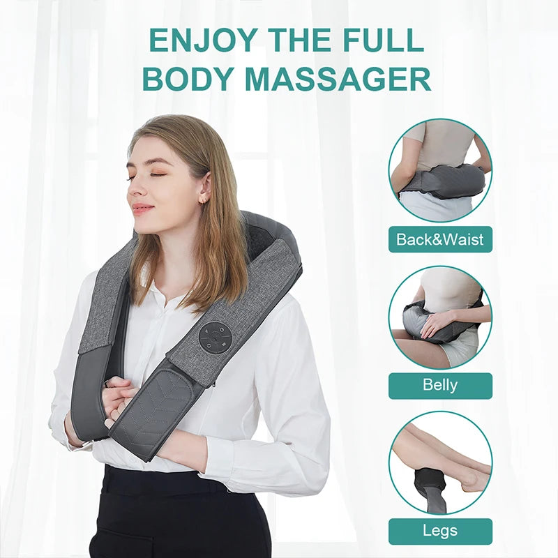 Shiatsu Back Shoulder and Neck Massager Cordless Deep Tissue Kneading with Heat Portable Neck Massage Pillow Home Use