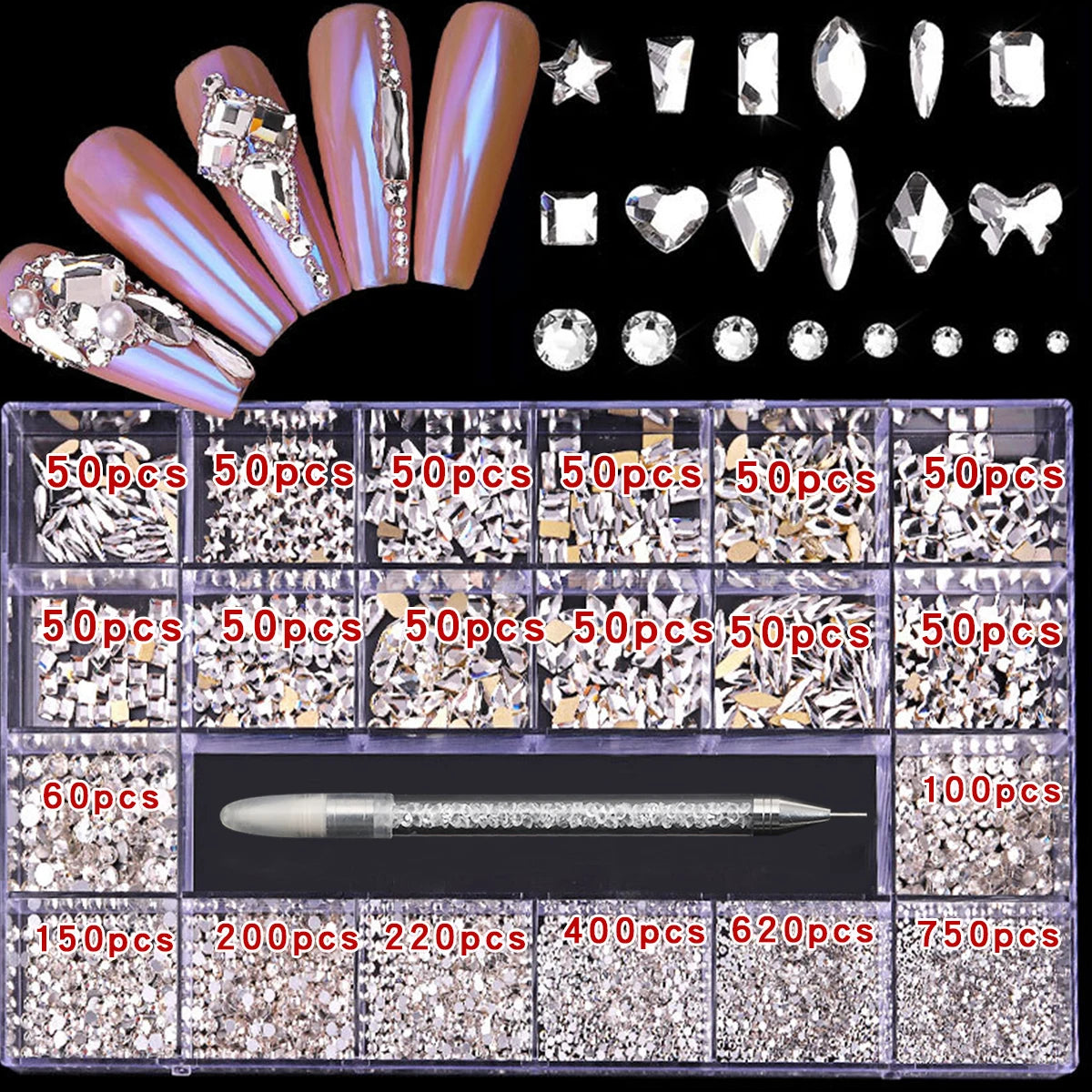 21 grid nail art diamond flat bottom glass diamond multi-style special-shaped diamond shiny nail rhinestone DIY nail art jewelry