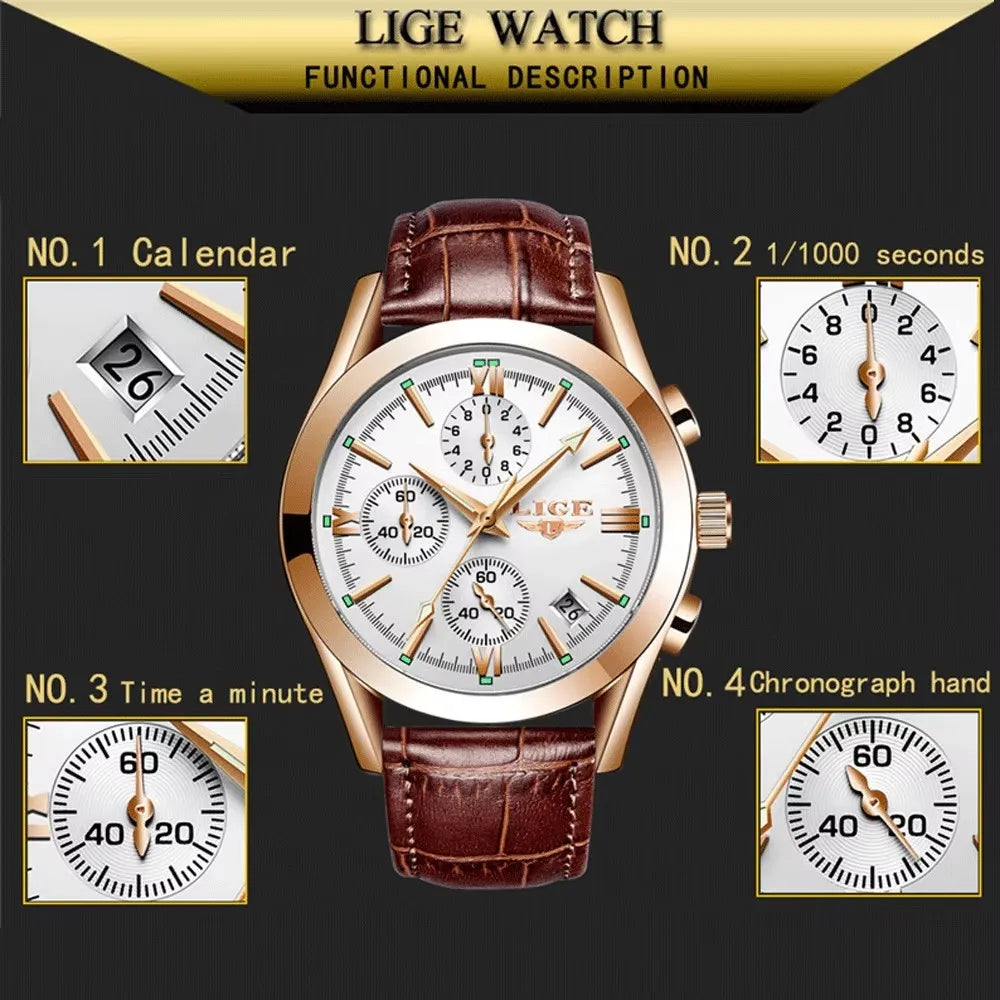 LIGE Men Watch Top Brand Luxury Waterproof Luminous Sport Wristwatch Quartz Military Genuine Leather Relogios Masculino+Box