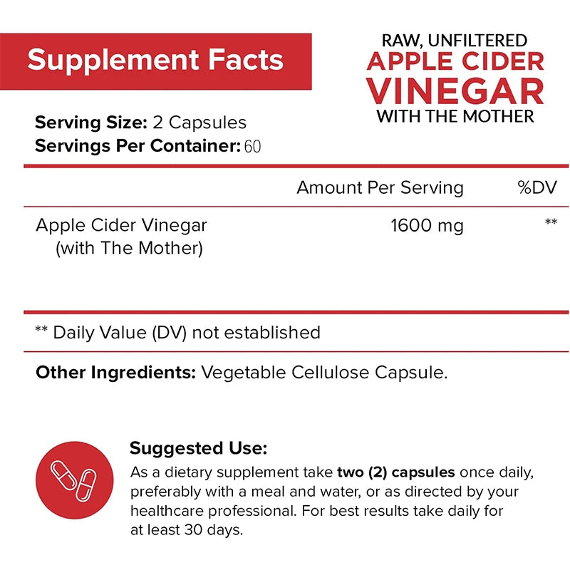 Raw Organic Apple Cider Vinegar - Gut Health, Digestion, Detox & Cleanse, Immune Supplement, Natural Vegetarian Capsules