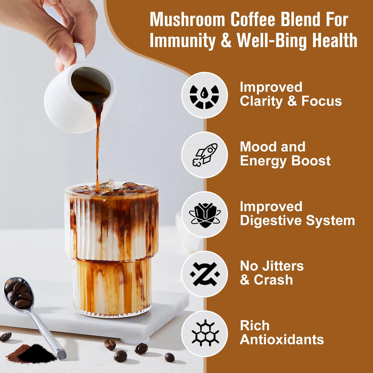 Mushroom Coffee Mixed Reishi & Lion's Mane Mushrooms Support Immunity and Focus Health Boost Memory NO-GMO 10 in 1