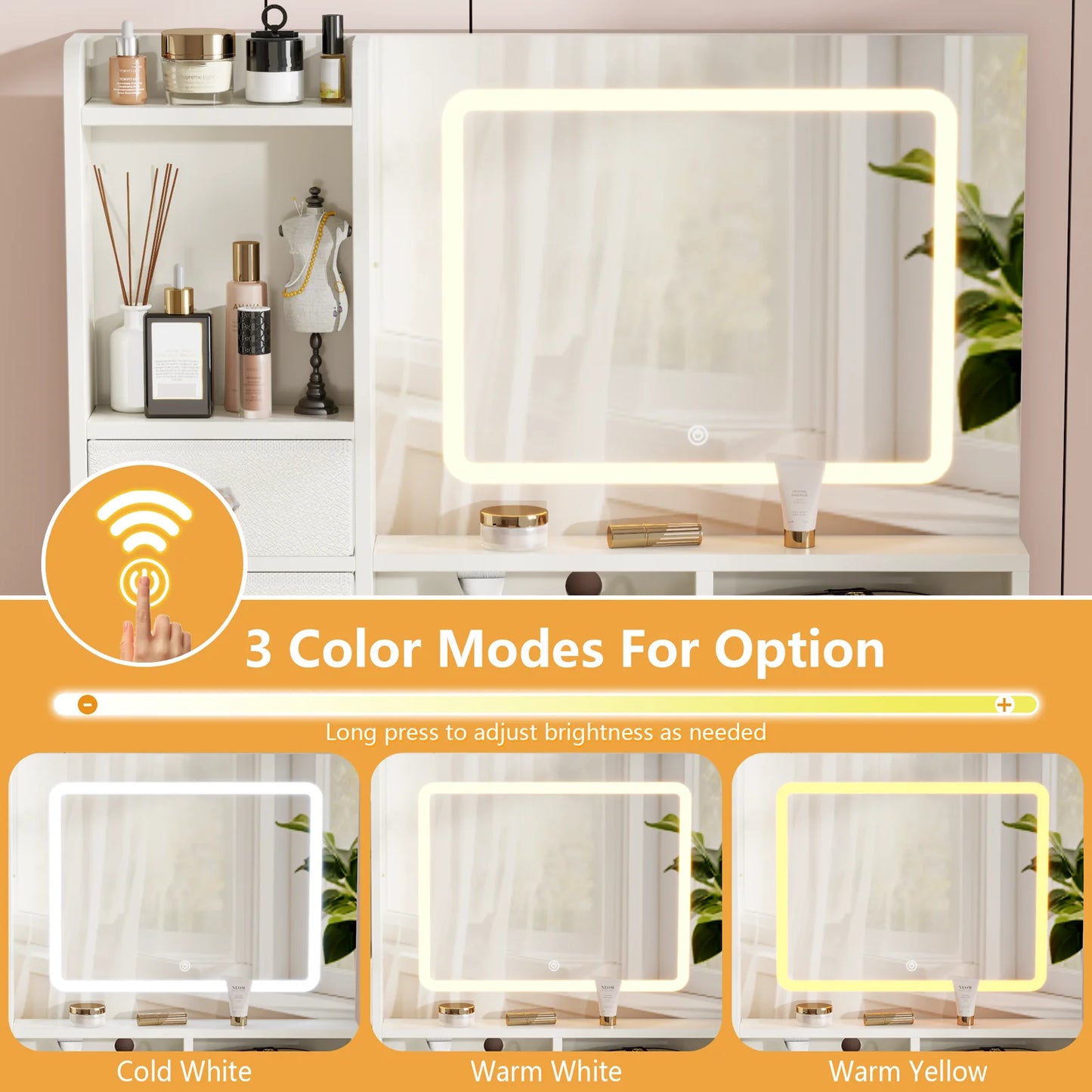 Satifur Vanity Desk with LED Lights Mirror and Power Outlets, Small Makeup Vanity Desk Stool Set with 4 Drawers, Dressing Table