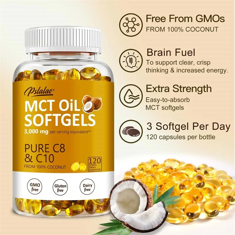 MCT Oil Softgels - Supports Energy and Mental Clarity, Fat Burning, Appetite Suppressant, Improves Digestion - 120 Capsules