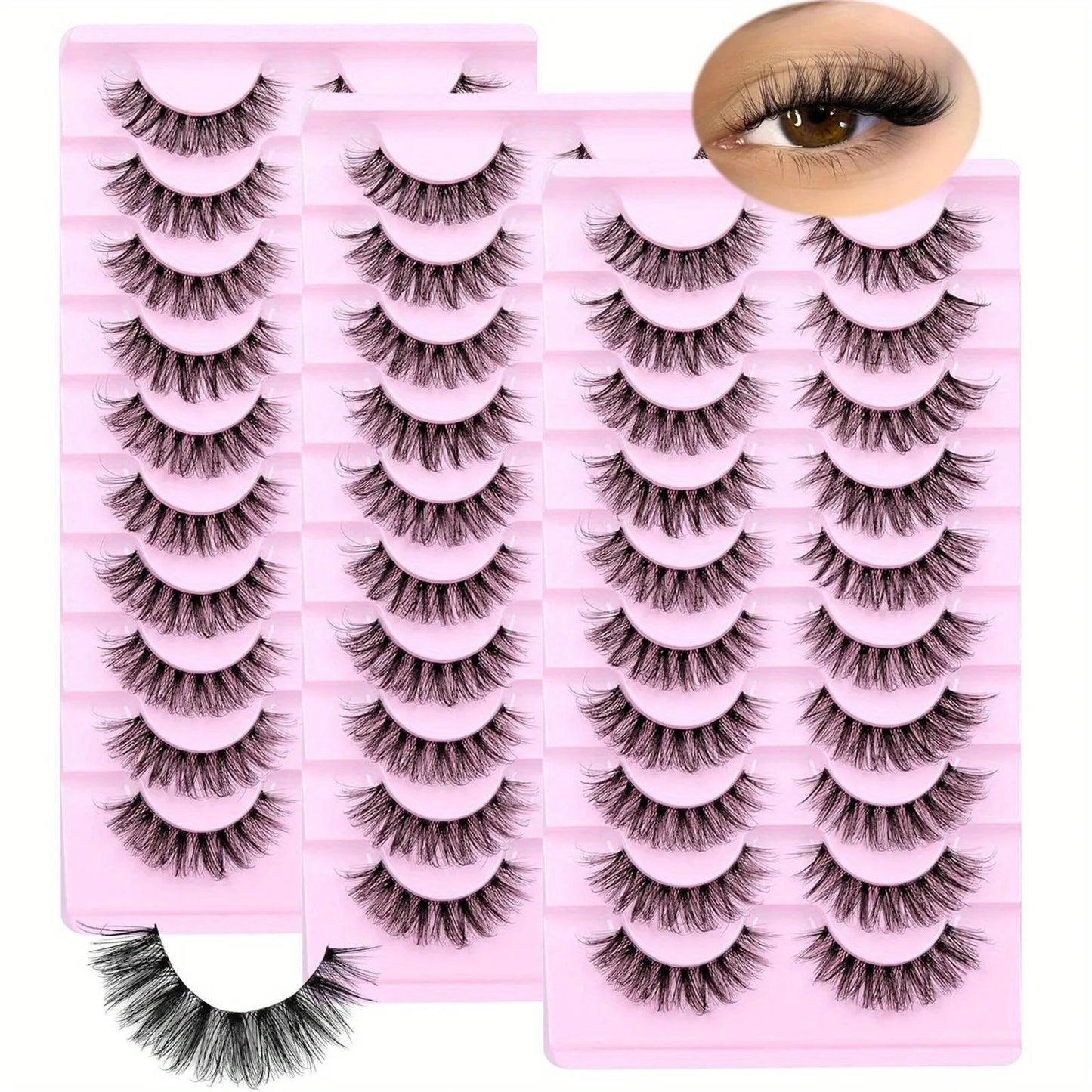 3Boxes (30Pairs) Fluffy False Eyelashes Wispy Lashes 3D Volume Strip Lashes D Curl Fake Eyelashes with Clear Band Eye Lashes