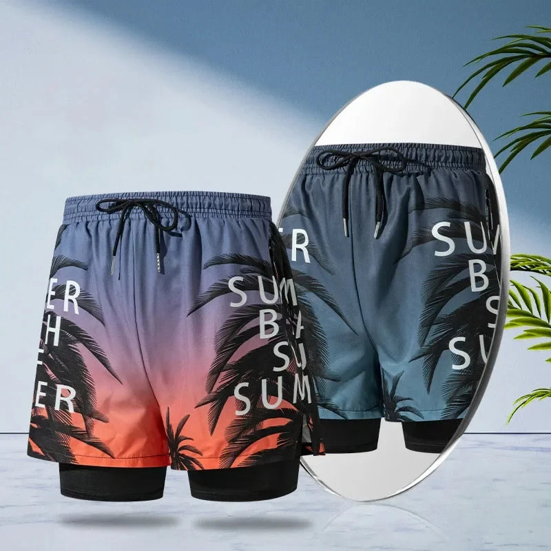 Double-layer Swim Trunks for Men Boxer Shorts Anti-embarrassment Lined with Professional Beach Pants Adult Swim Gear