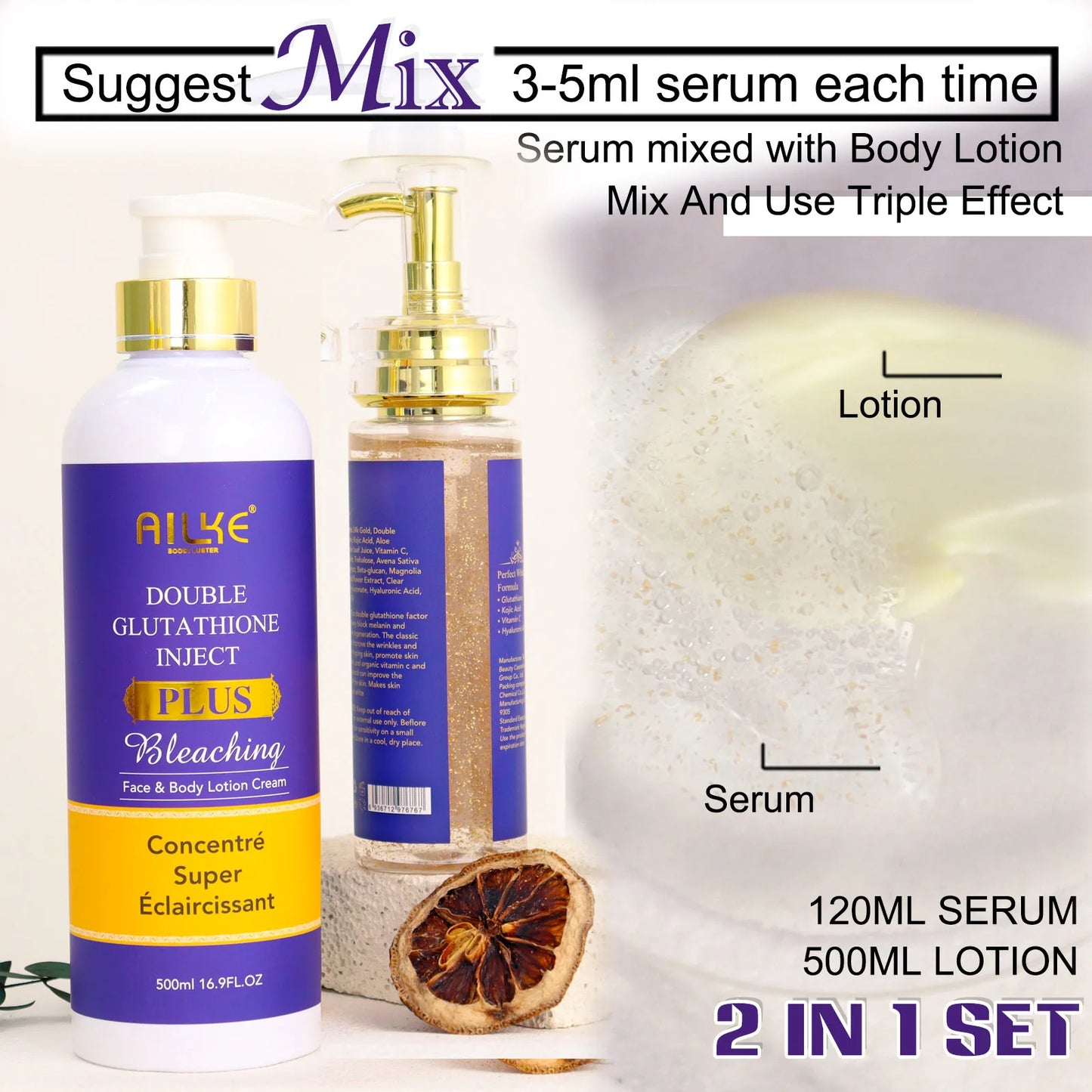 AILKE Skin Lightening Serum for Face and Body, with Double Glutathione, Day And Night Brightening Serum, Support Private Label