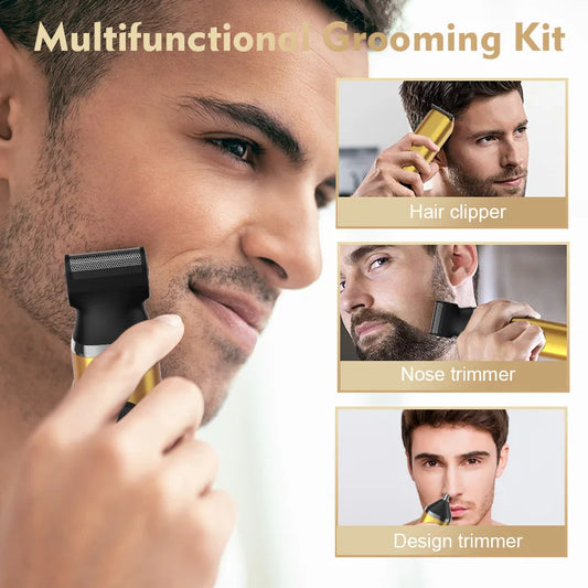 Professional Hair Clippers LED Display Electric Beard Trimmer Cordless Men's Grooming Kit Rechargeable Nose Trimmer Gold