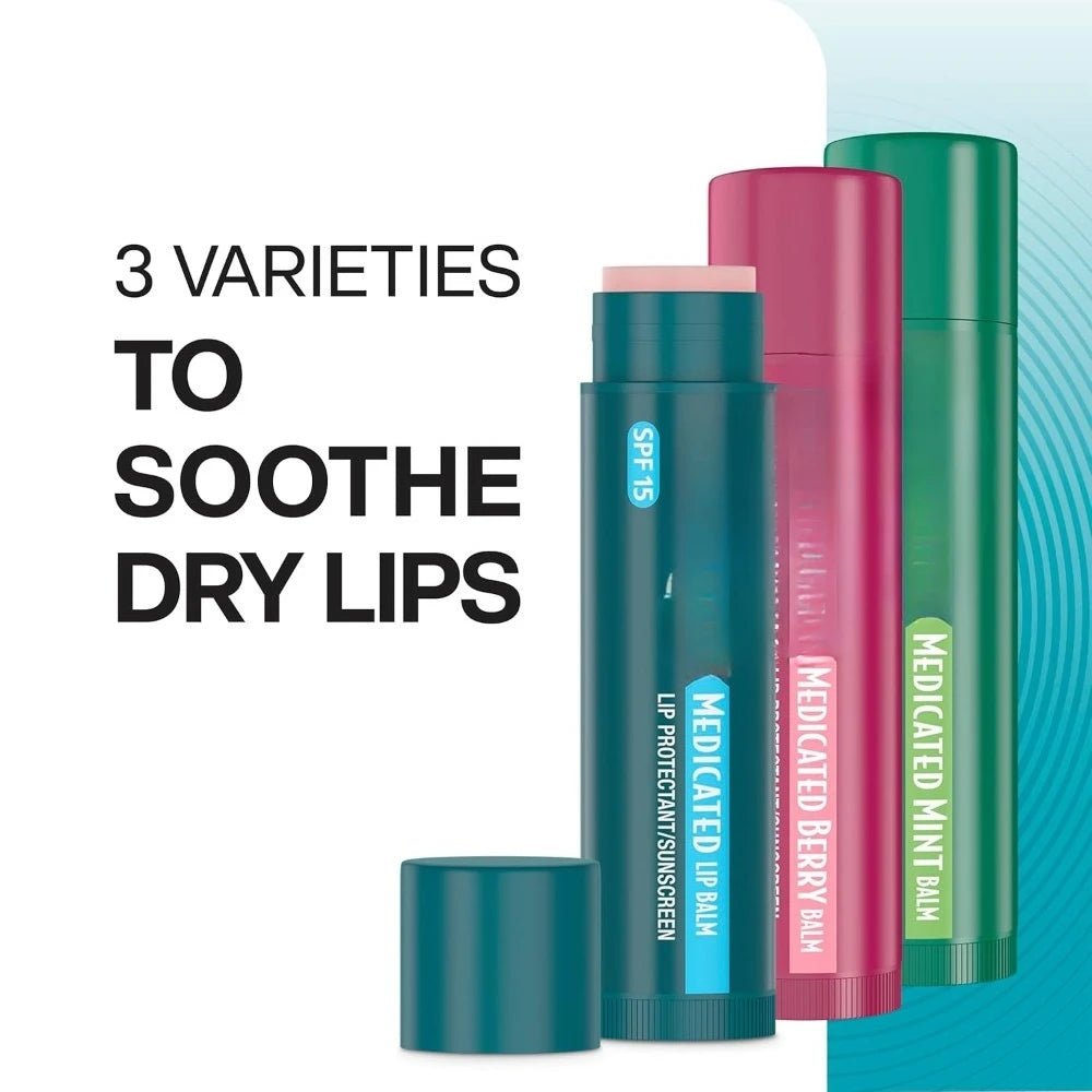Medicated Lip Balm 3 Count, 0.15 Oz Each, Classic, Mint and Berry Flavor, Soothes and Protects, Advanced Medicated Lip Care -NEW